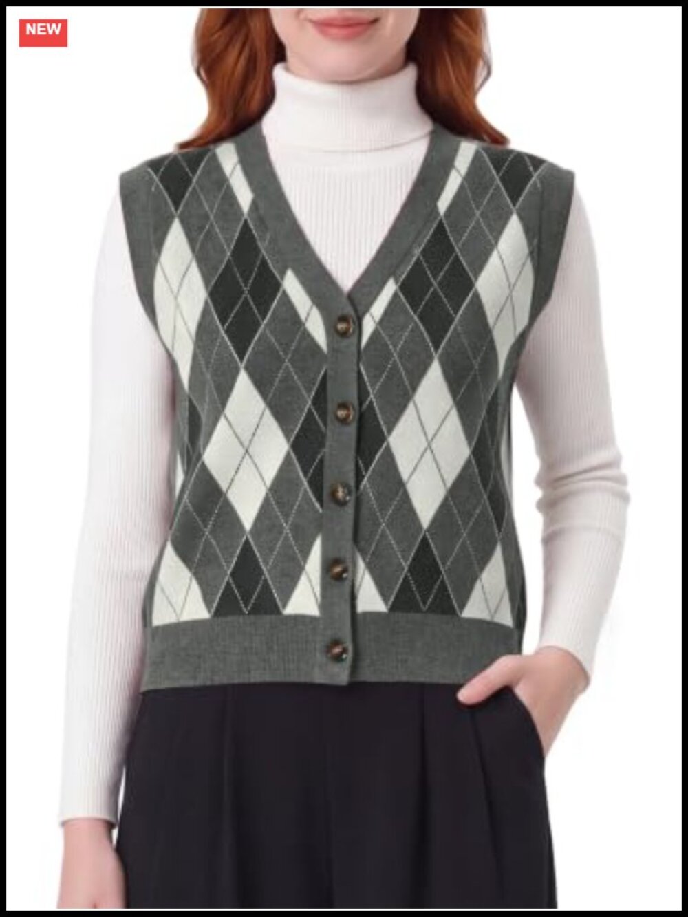 Sweater Vest Sleeveless Argyle Button Down Knit Layering Top